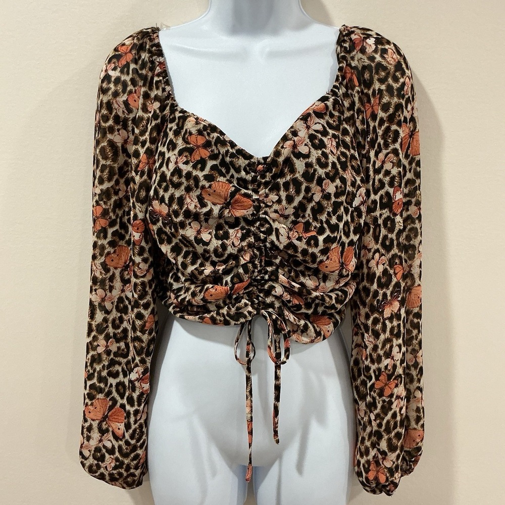 RUE 21 Y2K Cheetah Leopard Print Butterfly Stretch Crop Top Junior M Smocked